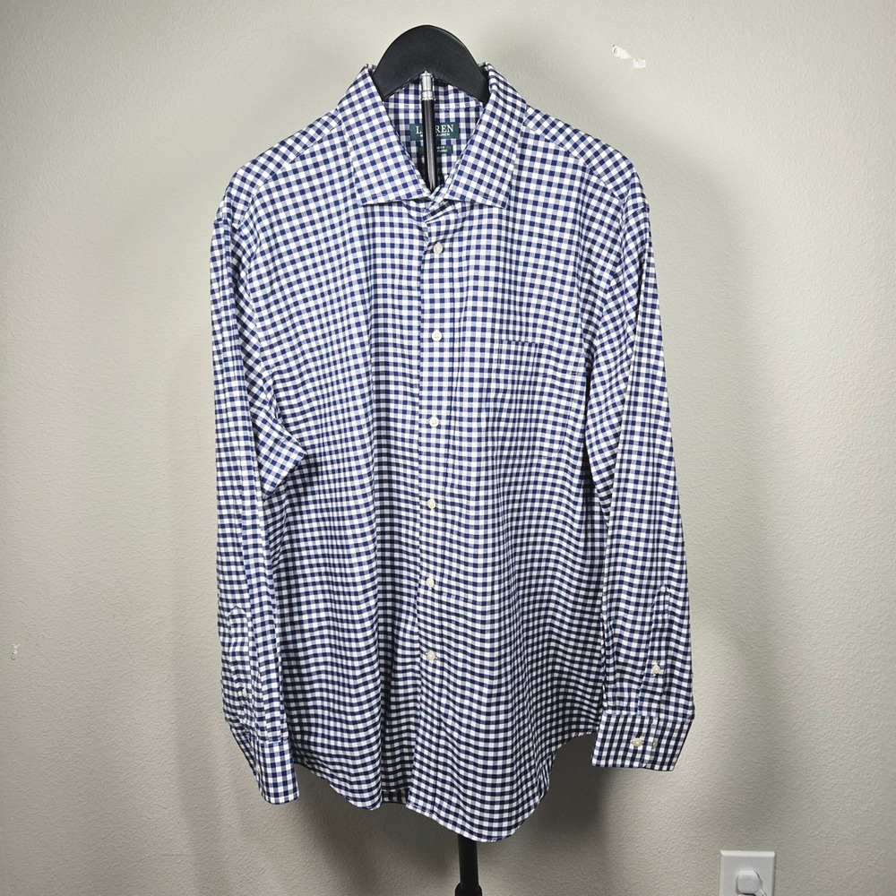 Lauren Ralph Lauren Button Down Mens XL Blue Gingham Stretch Classic Preppy